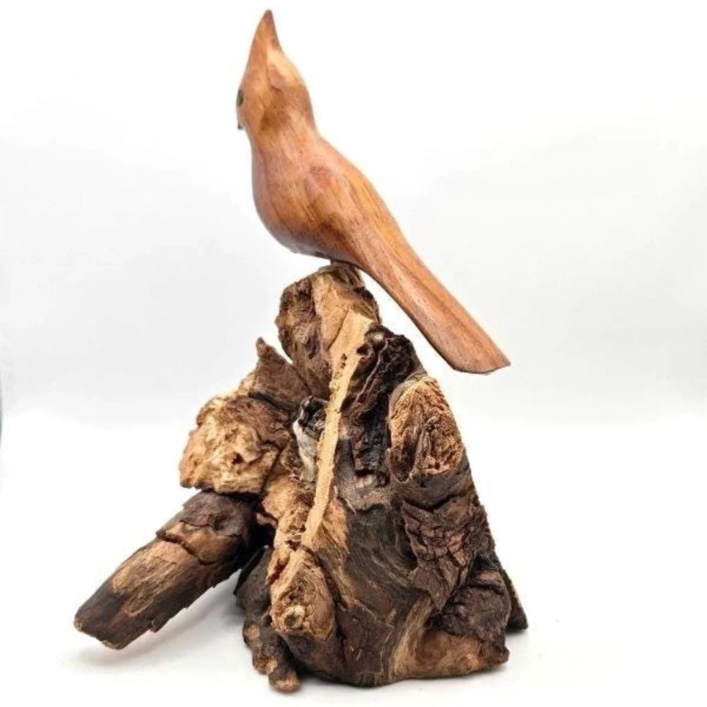 Hand Carved Wooden Bird on Driftwood Base • Rustic Folk Art Woodland‎ Decor